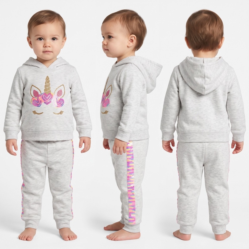 Btween Baby Girls Fleece Pants & Unicorn Hoodie Outfit Set 12M Pink‎ Gold Gray